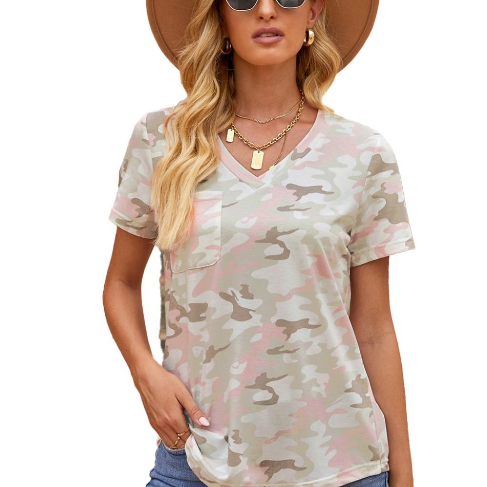 Dreamkue Pink Camouflage Print V Neck Tee with Pocket - Picture 4 of 10